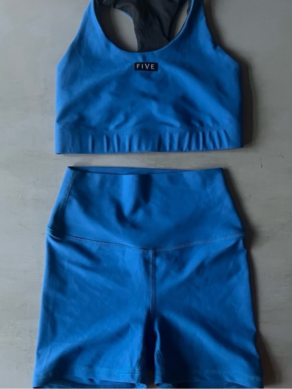 FIVE the Label cornflower blue bra top and biker shorts set
